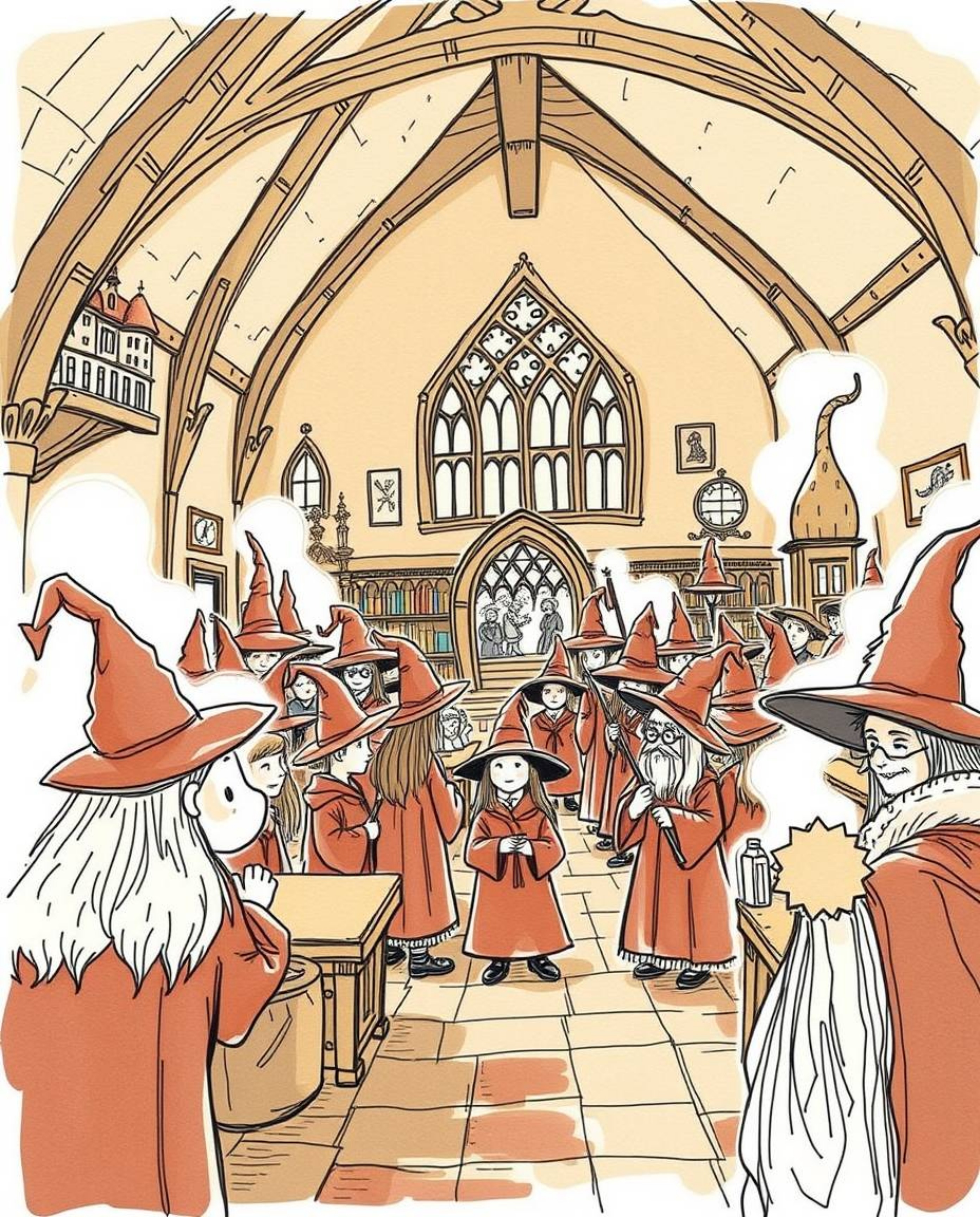 Explore a magical school brimming with young wizards, depicted in a charming hand-drawn sketch using natural earth tones like