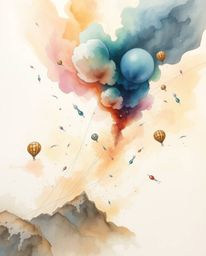 Explore a delicate watercolor painting depicting a surreal storm with flying objects defying broken gravity. The mystic and e