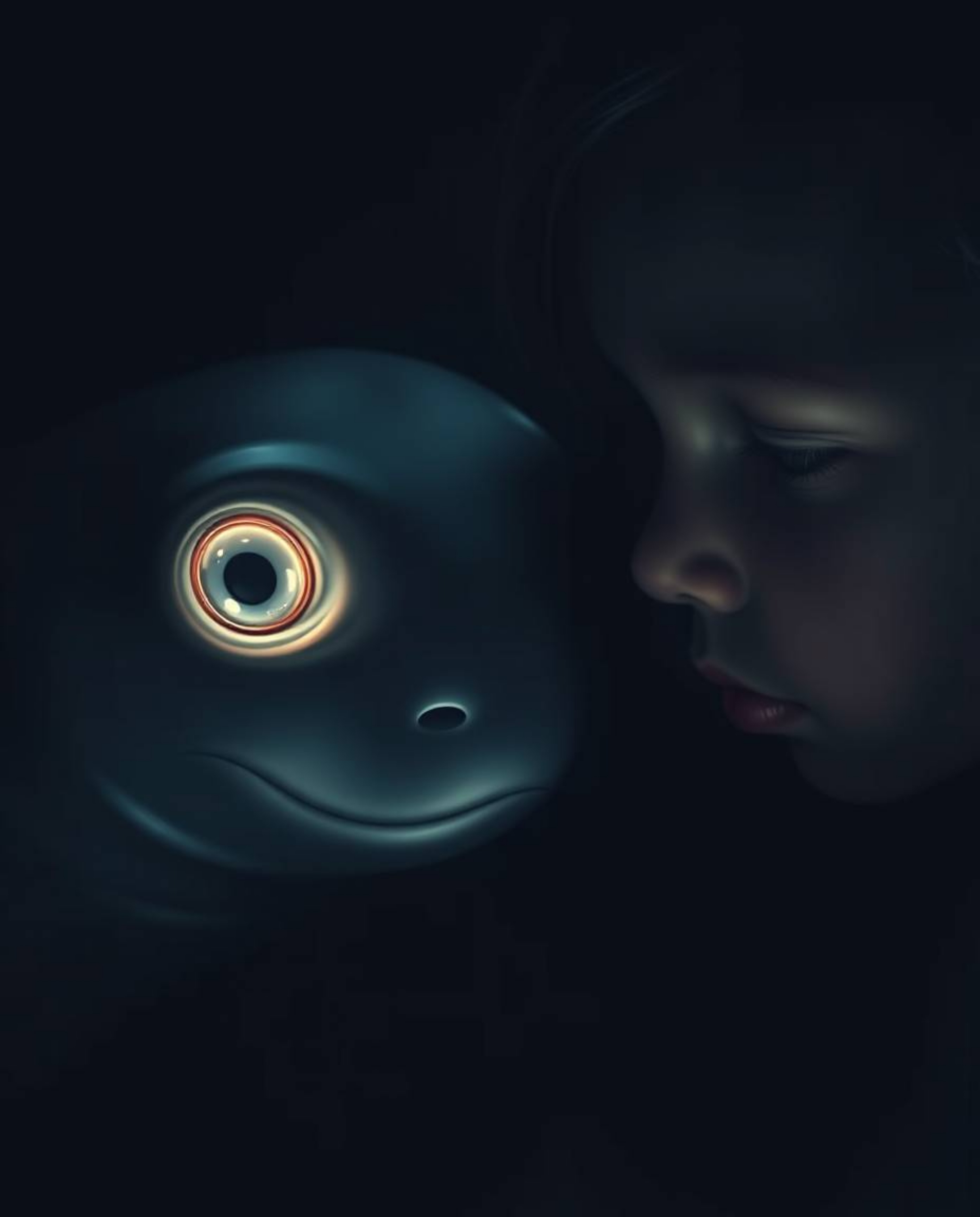 A captivating image showcasing a graceful sea creature with luminous eyes sharing a tender moment with a child, highlighting 