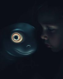 A captivating image showcasing a graceful sea creature with luminous eyes sharing a tender moment with a child, highlighting