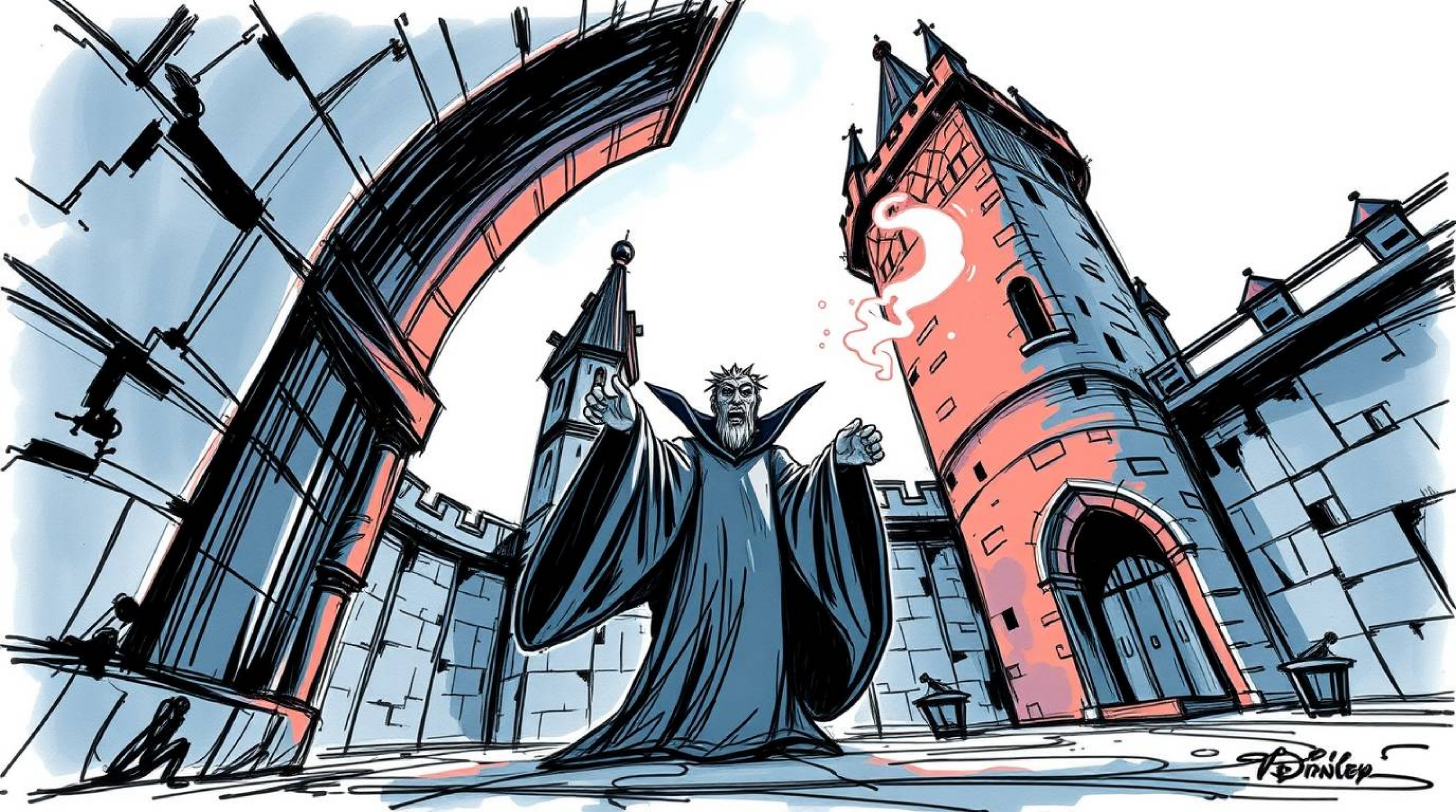 A captivating hand-drawn sketch depicts a classic Disney villain casting a spell within the ominous walls of an old castle.