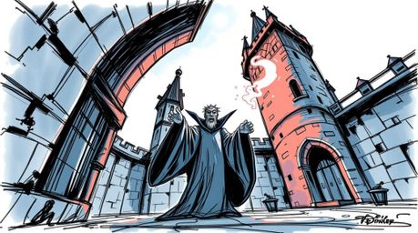 A captivating hand-drawn sketch depicts a classic Disney villain casting a spell within the ominous walls of an old castle.  