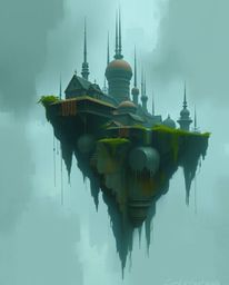 Explore a surreal floating island bathed in a wet, rainy atmosphere. This scene showcases strange architecture rendered in a 
