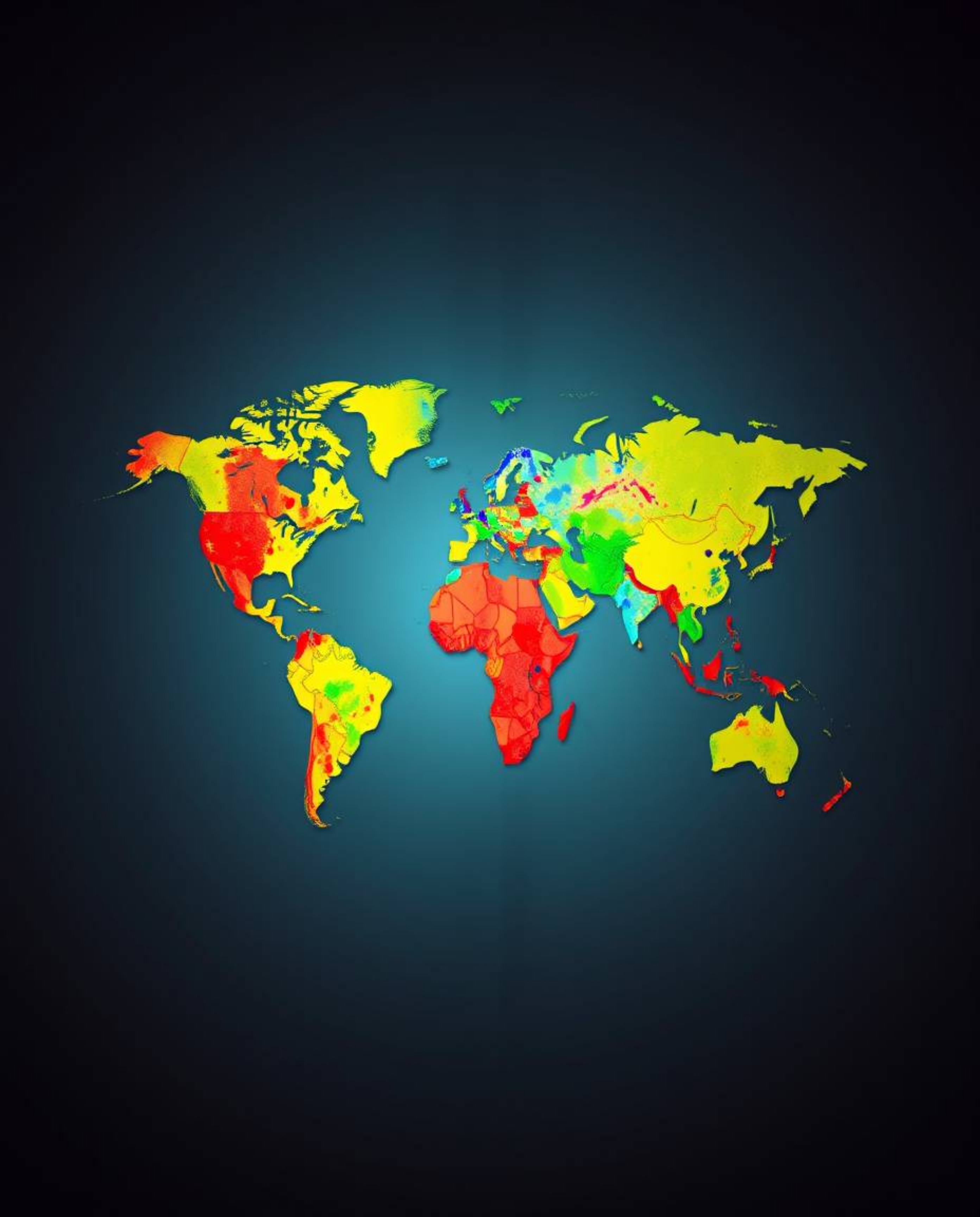 A professional fine art photograph showcasing a vibrant world map constructed from bright, colorful splashes, rendered in a w