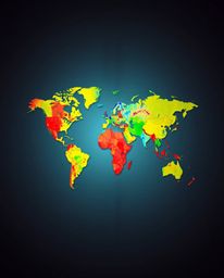 A professional fine art photograph showcasing a vibrant world map constructed from bright, colorful splashes, rendered in a w