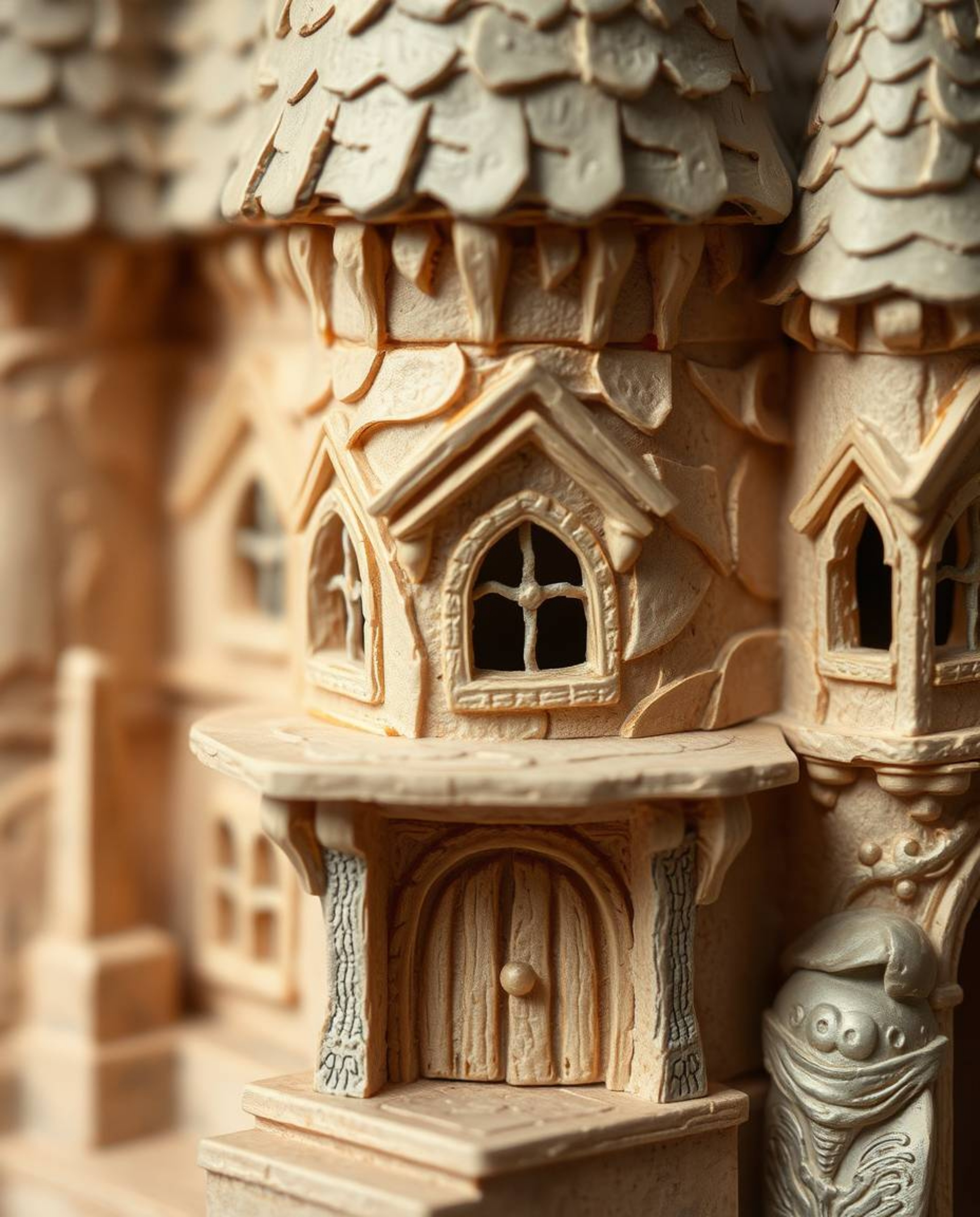 Explore the intricate details of a layered papier-mâché texture in this extreme macro close-up, showcasing a magical school m