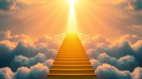 An extreme close-up reveals a stunning geometric logo: a golden staircase ascends through ethereal clouds towards a radiant h