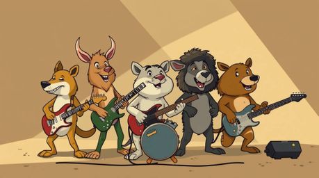 A band of cartoon animals delivers a high-energy rock performance in a captivating cartoon style. The scene is bathed in natu