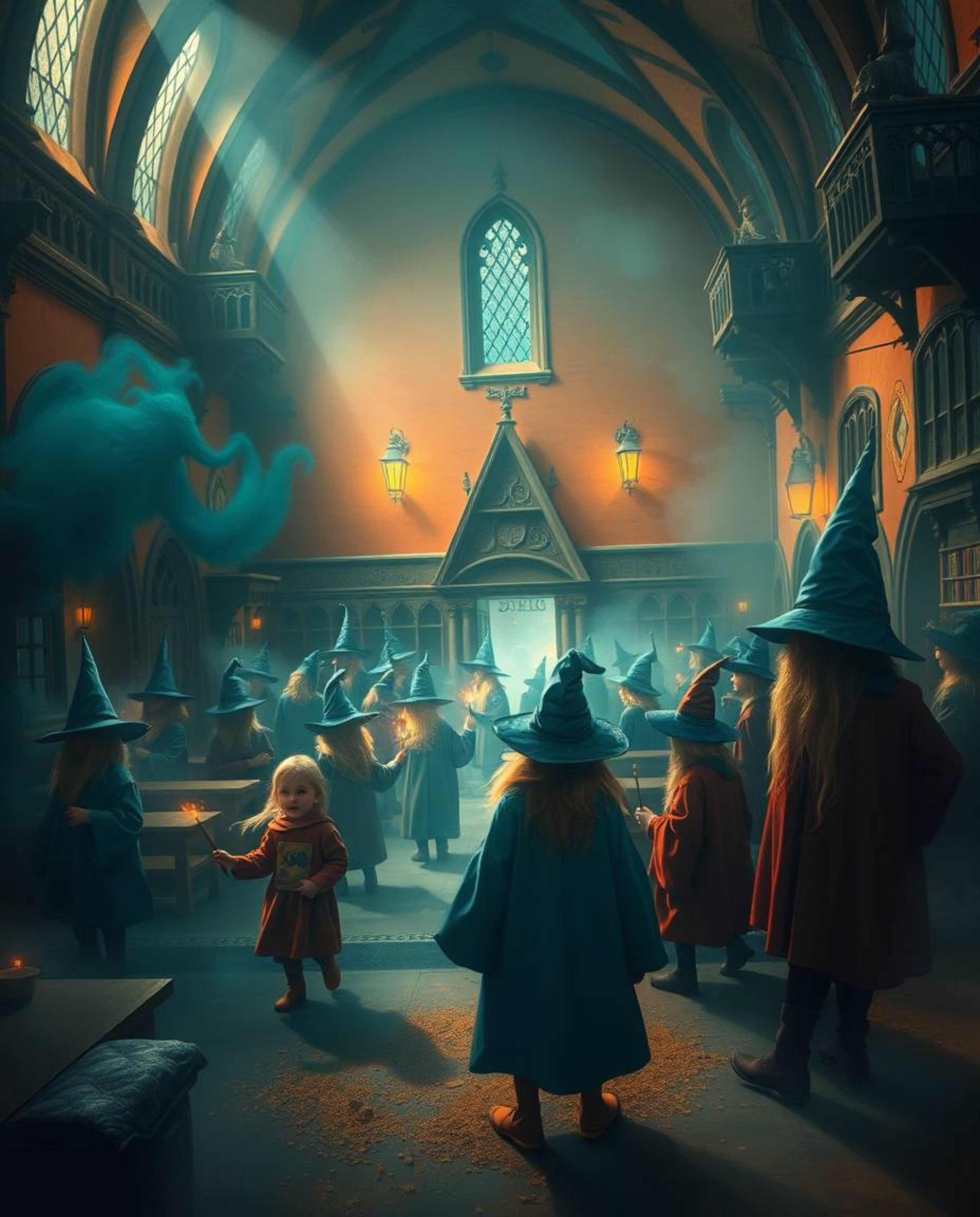 Immerse yourself in a magical school brimming with young wizards, captured in a soft, dreamy atmosphere. The artwork features
