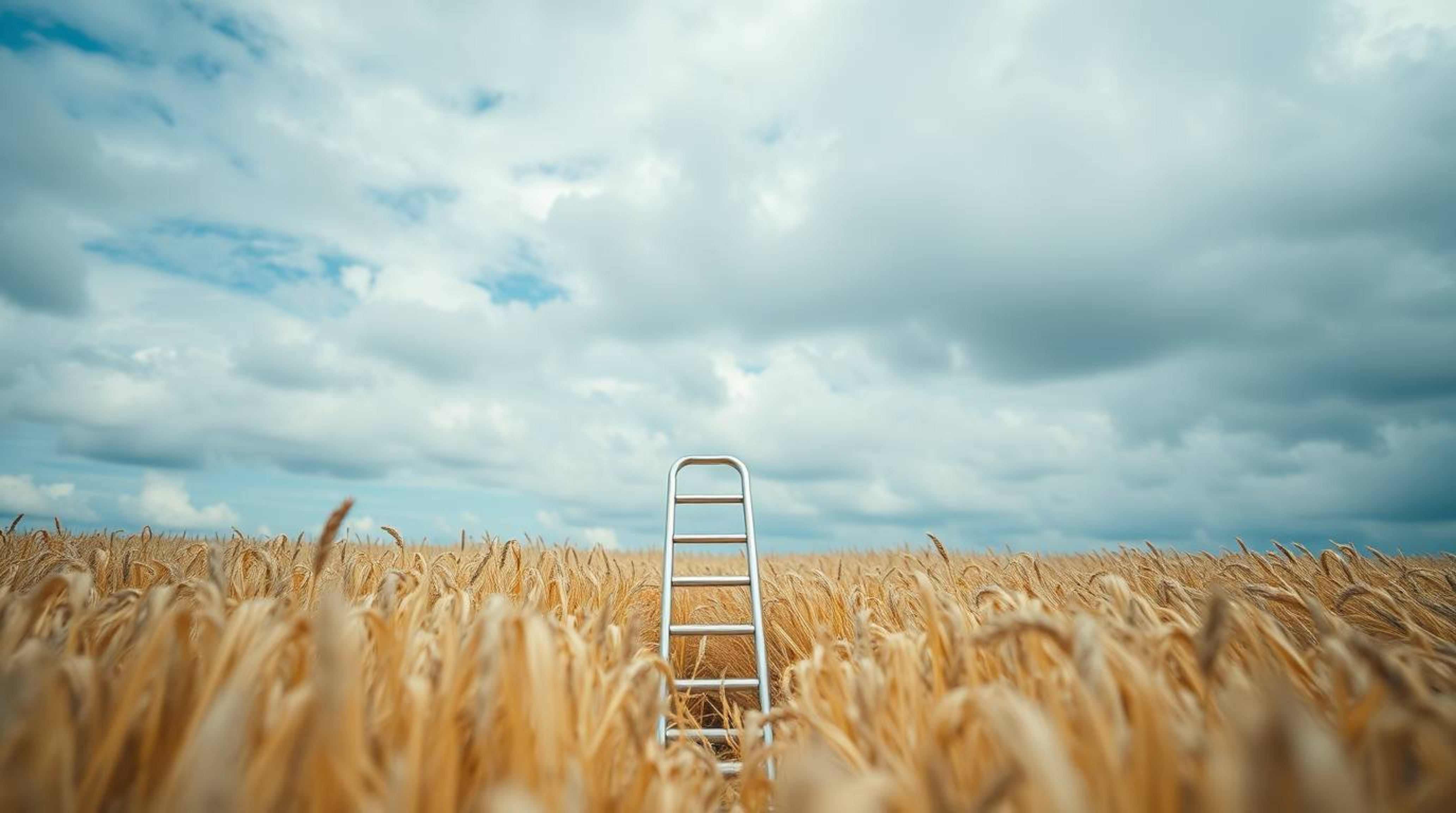 An extreme macro photograph captures a minimalist scene featuring a silver ladder standing in an open field beneath a wide, c