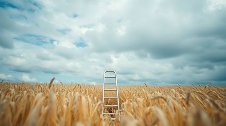 An extreme macro photograph captures a minimalist scene featuring a silver ladder standing in an open field beneath a wide, c