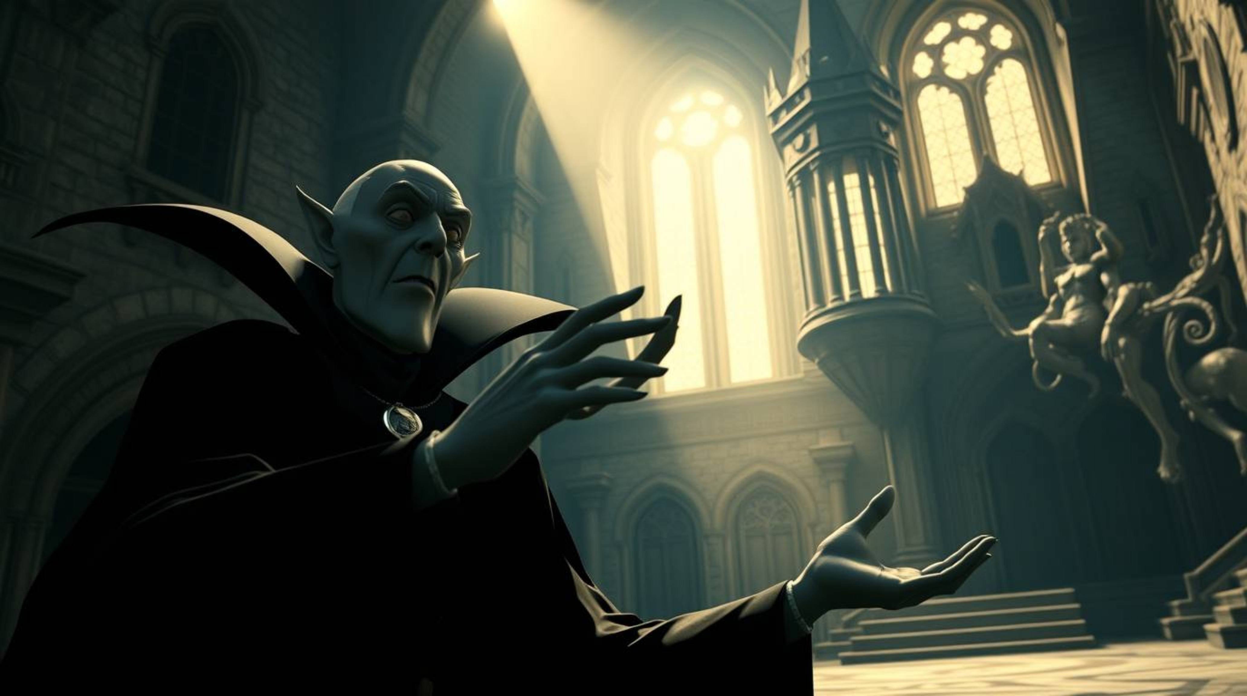 A classic Disney villain with sharp features, casting a spell in an old gothic castle under soft lighting, creates a cinemati