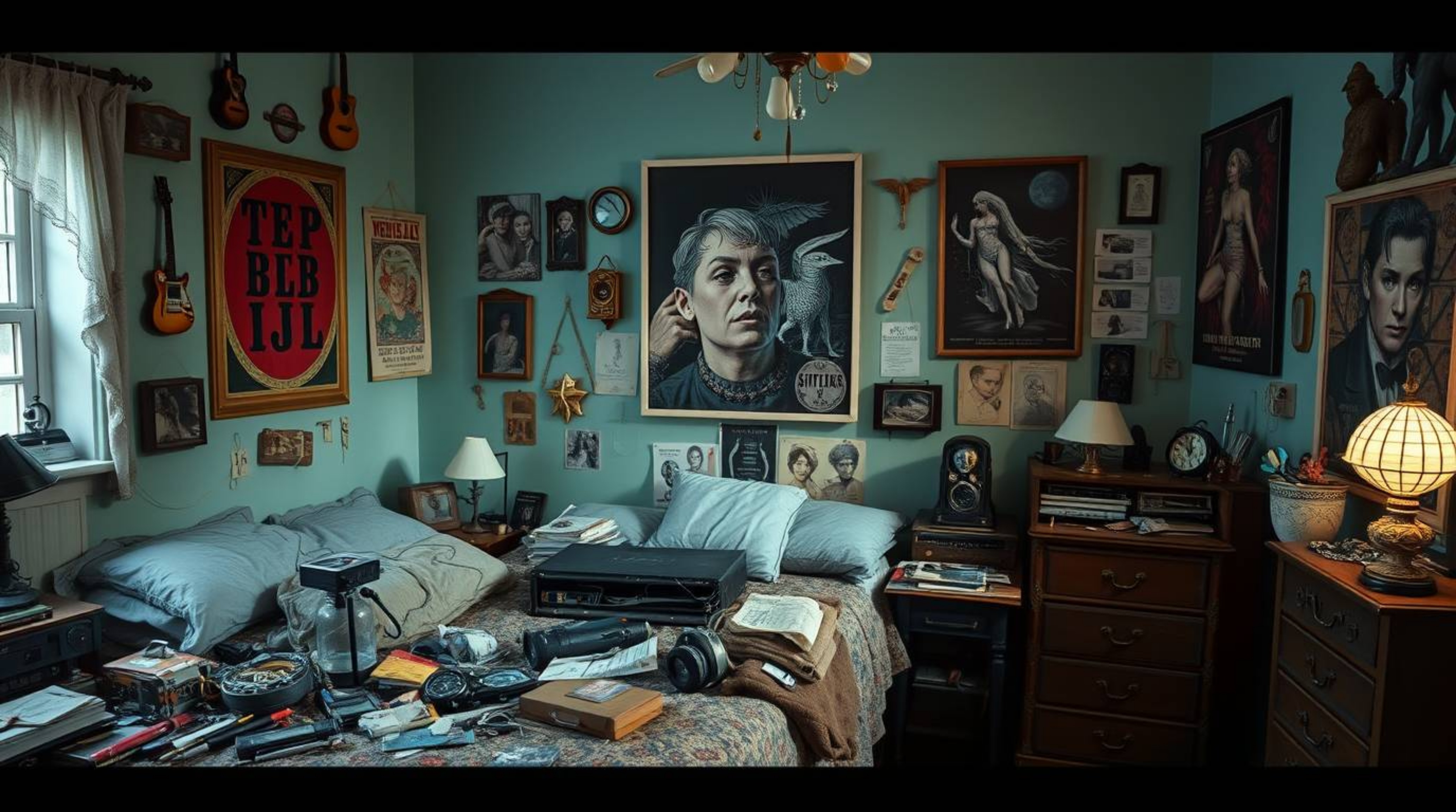 Explore a messy bedroom brought to life in a dreamlike, surreal style, featuring a collection of weird gadgets and posters. T