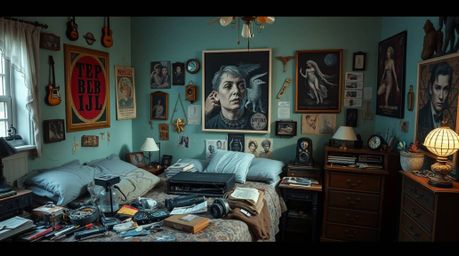 Explore a messy bedroom brought to life in a dreamlike, surreal style, featuring a collection of weird gadgets and posters. T