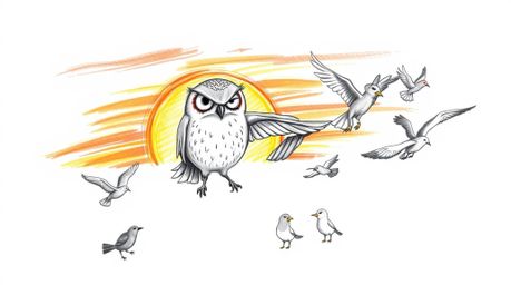 A charming hand-drawn illustration in the style of Pixar depicts a blind owl, with soft, expressive features and textured fea