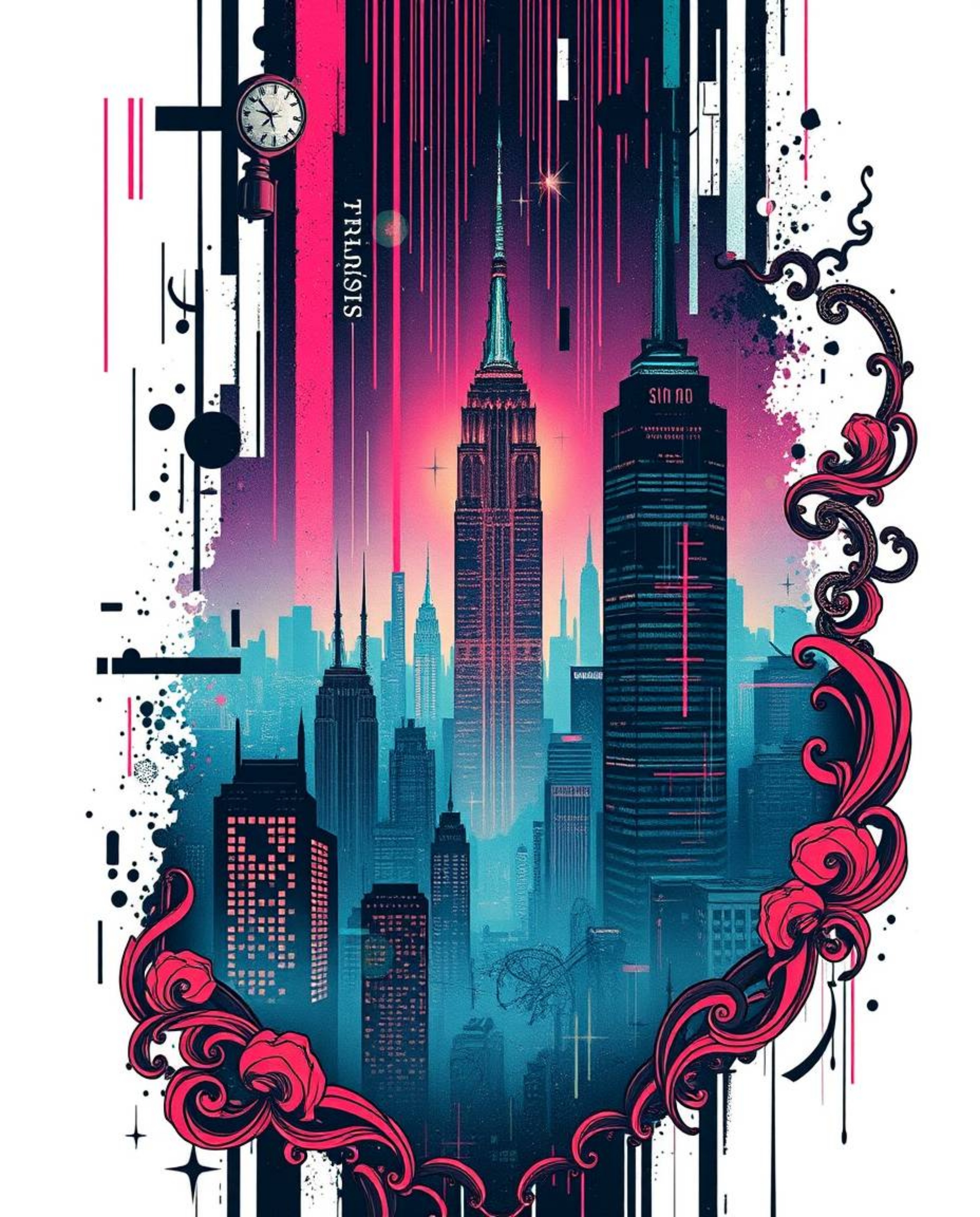 A striking tattoo art print showcases a symbolic, traditional design featuring a glitchy digital landscape. Distorted skyscra