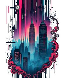 A striking tattoo art print showcases a symbolic, traditional design featuring a glitchy digital landscape. Distorted skyscra