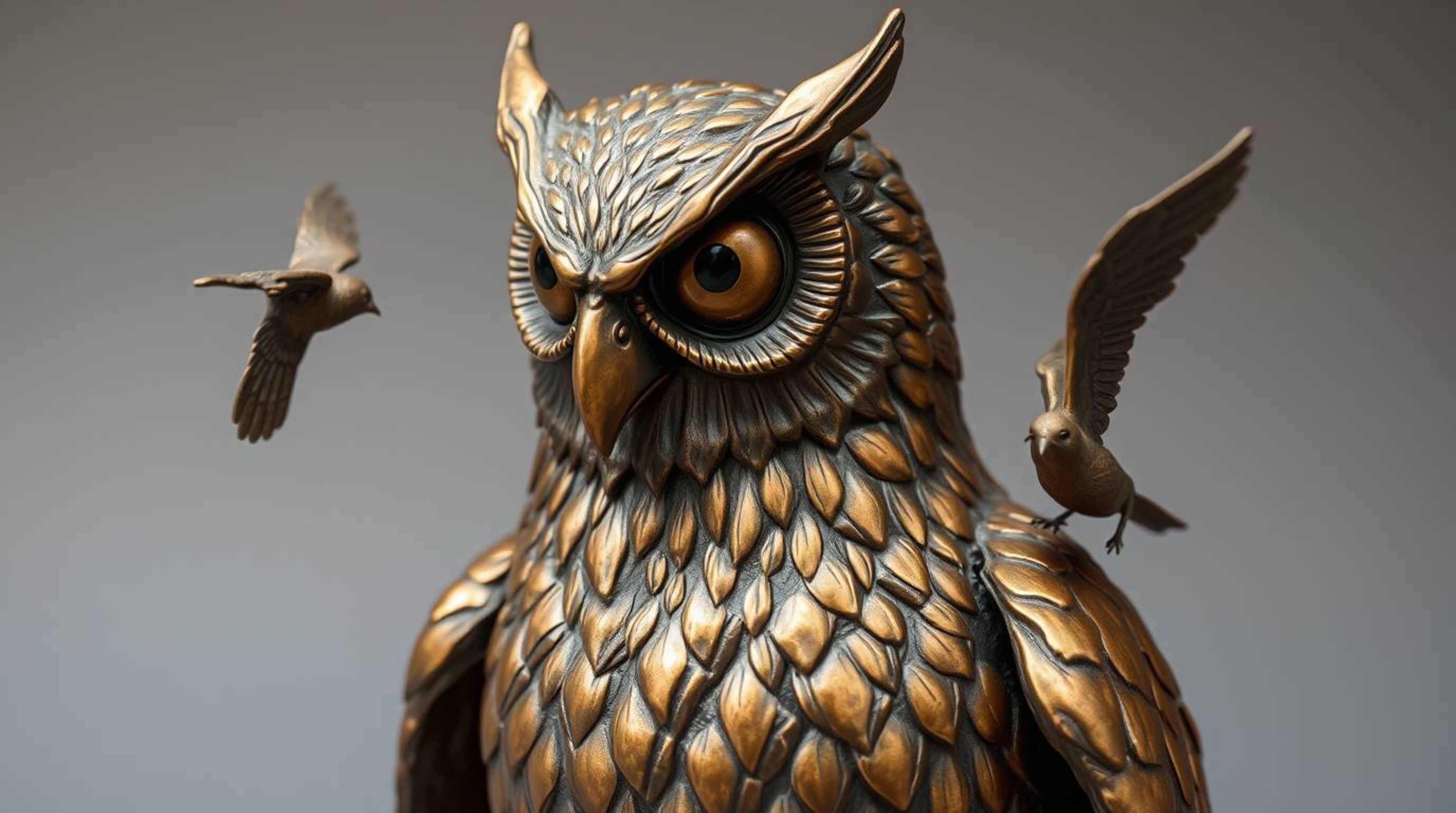 This cast bronze sculpture depicts a captivating scene: a blind owl, rendered with charming Pixar-like features, imparts the 
