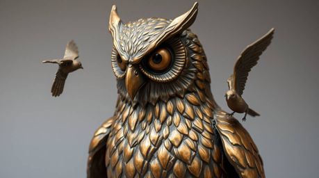 This cast bronze sculpture depicts a captivating scene: a blind owl, rendered with charming Pixar-like features, imparts the 
