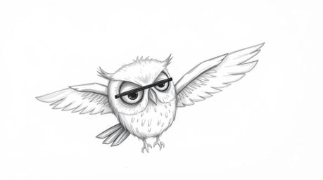 A heartwarming hand-drawn sketch, rendered in Pixar style, depicts a blind owl with soft, feathery textures passionately teac
