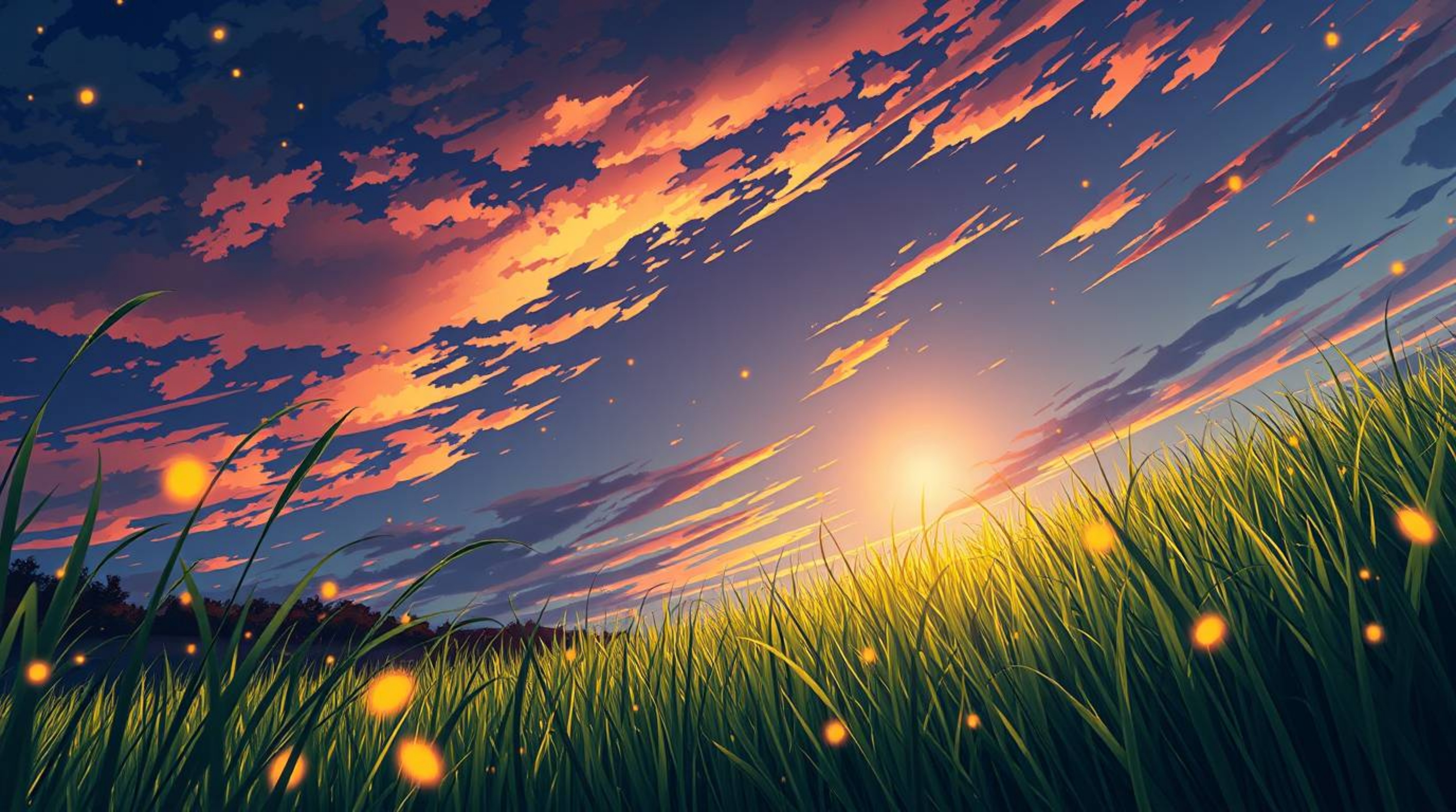 Experience a breathtaking isekai anime-style sunset over a tranquil meadow.  Watch as fireflies begin to twinkle under the dr