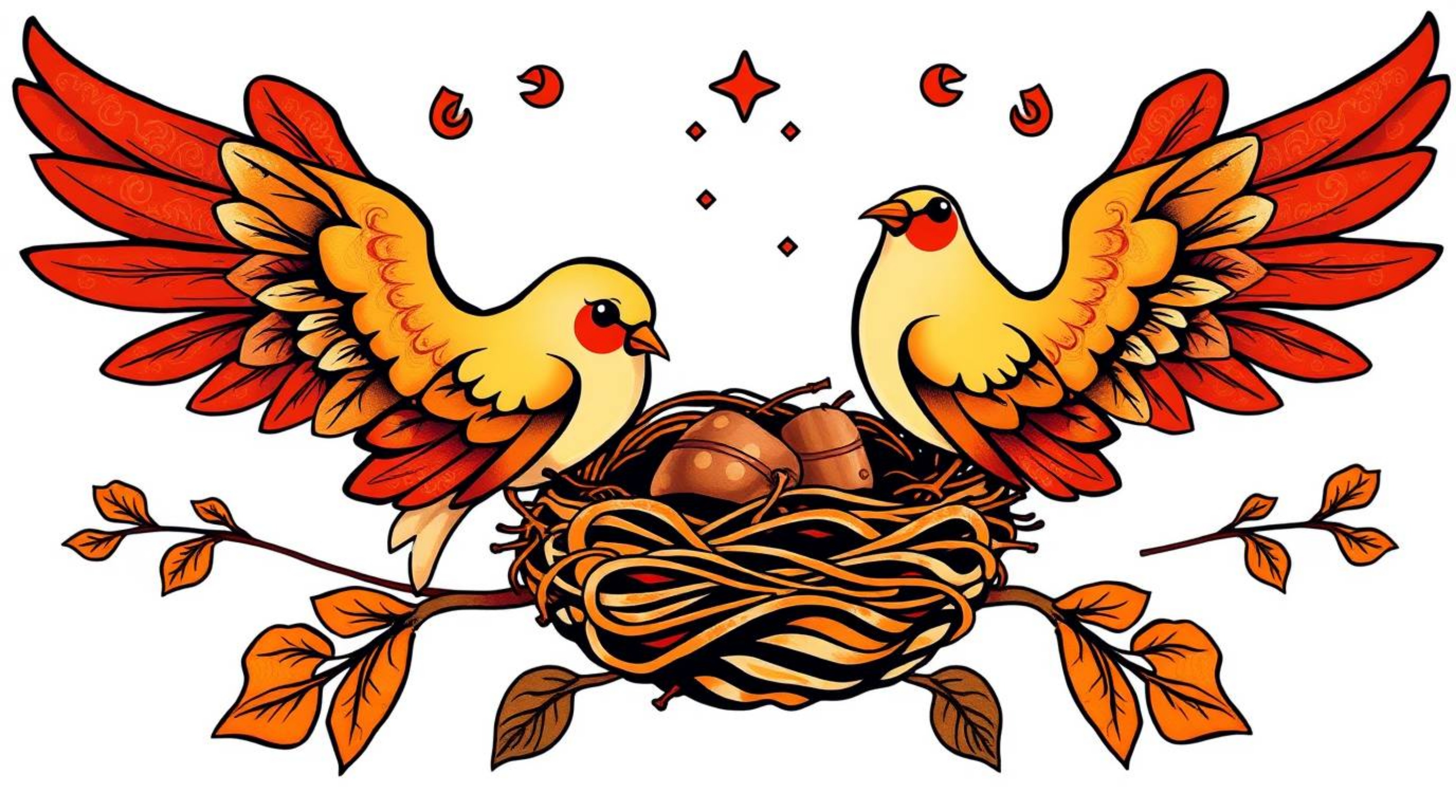 A charming tattoo art print depicts two cartoon birds diligently building a nest in a classic animation style. Rendered in w