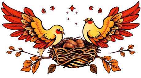 A charming tattoo art print depicts two cartoon birds diligently building a nest in a classic animation style.  Rendered in w
