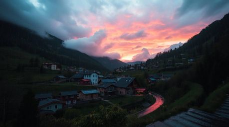 Explore a cozy village nestled in a valley, bathed under a colorful sky and experiencing a wet, rainy scene with drizzling ra
