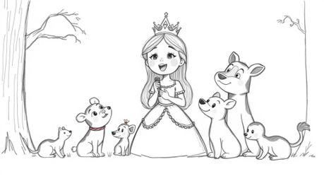 A charming hand-drawn sketch depicts a princess joyfully singing with a chorus of forest animals, all rendered in a delightfu