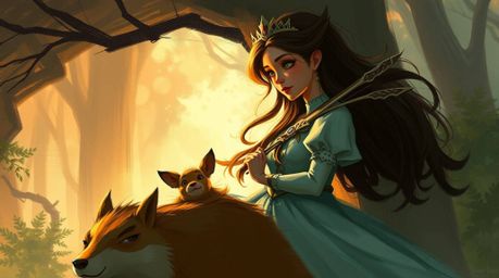 Explore a captivating digital sketch featuring a princess surrounded by forest animals in a vintage 2D animation style.  Dyna