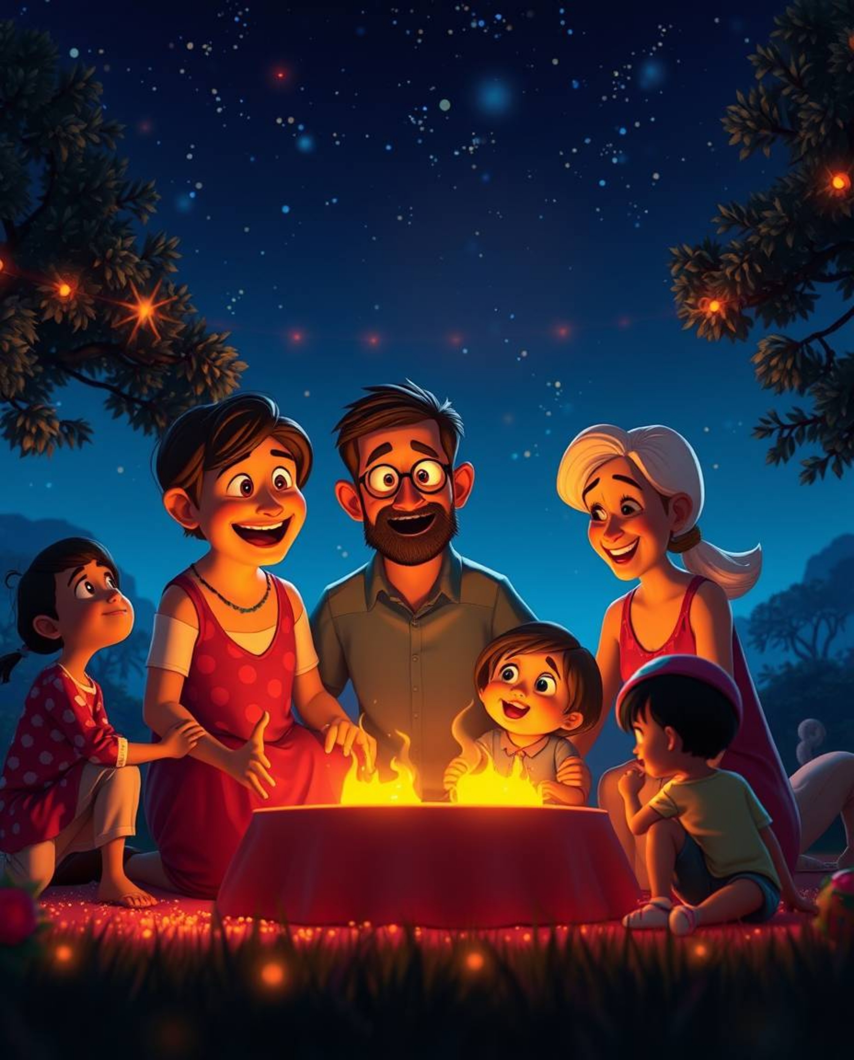 Experience a heartwarming Pixar-style family reunion brought to life with stunning cinematic lighting and glowing bioluminesc