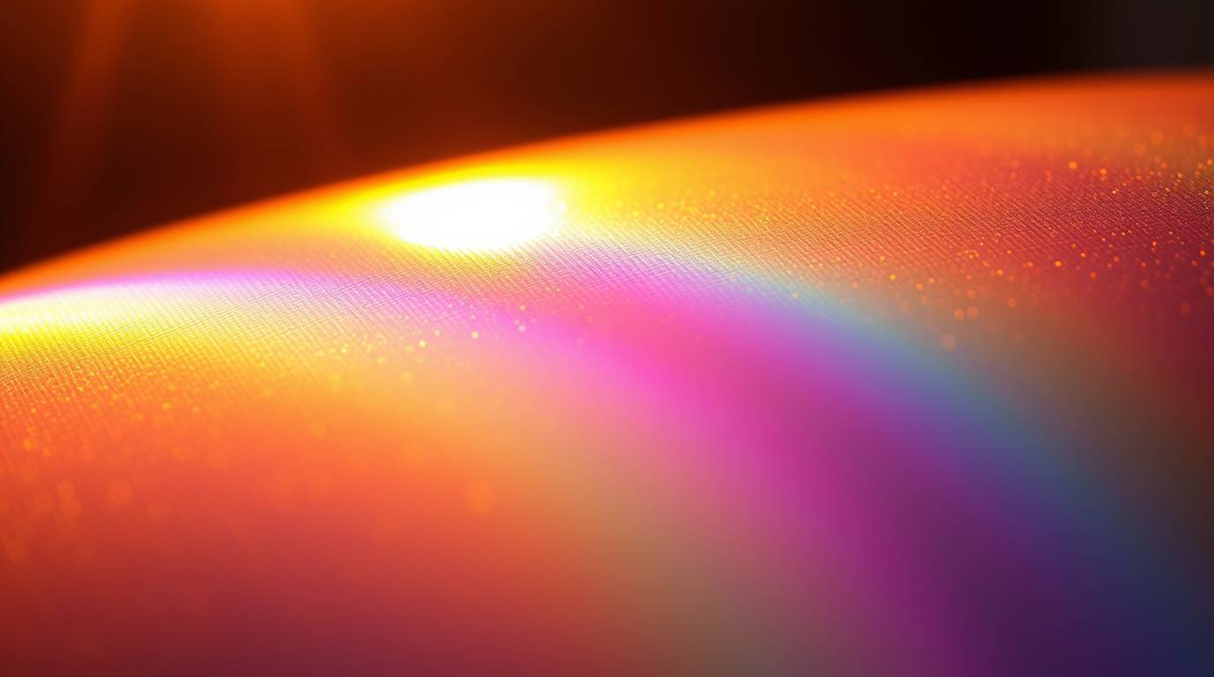 A captivating close-up reveals an iridescent gradient texture on a metallic surface.  Warm golden light illuminates vibrant c