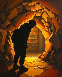 A captivating scene unfolds as a determined figure, silhouetted against warm autumn hues, stumbles upon a hidden underground 