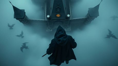 Experience a bird's-eye view of a thief, shrouded in shadows, as they stealthily approach a heavily guarded castle. Thick fog