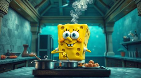 A stunning architectural color photograph depicting a sponge character diligently cooking in a vibrant underwater kitchen. Th