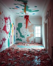 This professional fine art photograph captures a room exploding with vibrant paint in a soft, dreamy atmosphere. The warm, so