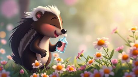 A charming cartoon skunk delicately sprays perfume onto flowers in a soft, dreamy atmosphere. The scene is rendered with a ha