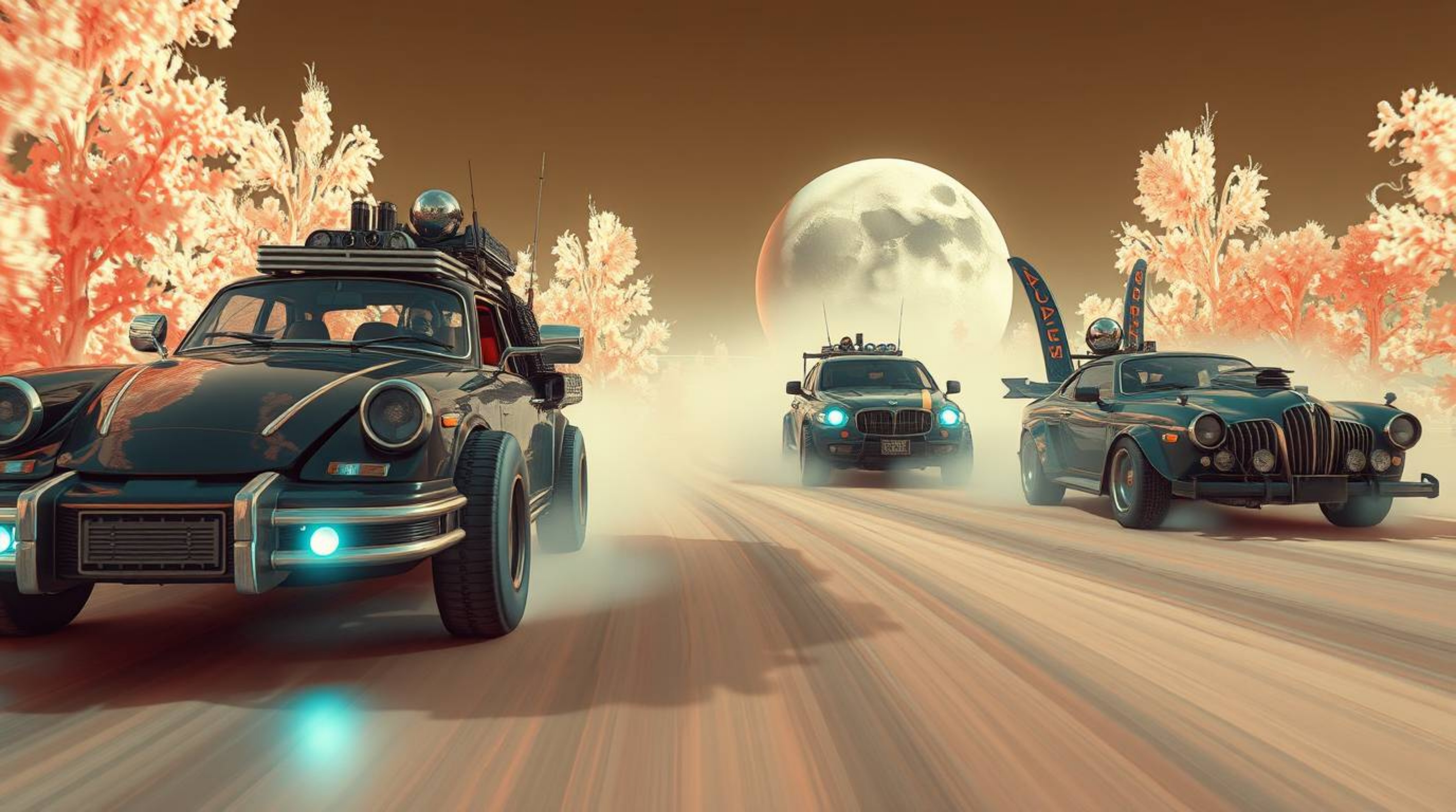 Experience a surreal and wacky racing scene in a futuristic sci-fi setting. This infrared image showcases outlandish cars, ad