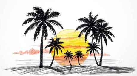 A captivating hand-drawn sketch depicting a tropical beach sunset.  Silhouetted palm trees stand against a warm, autumnal sky