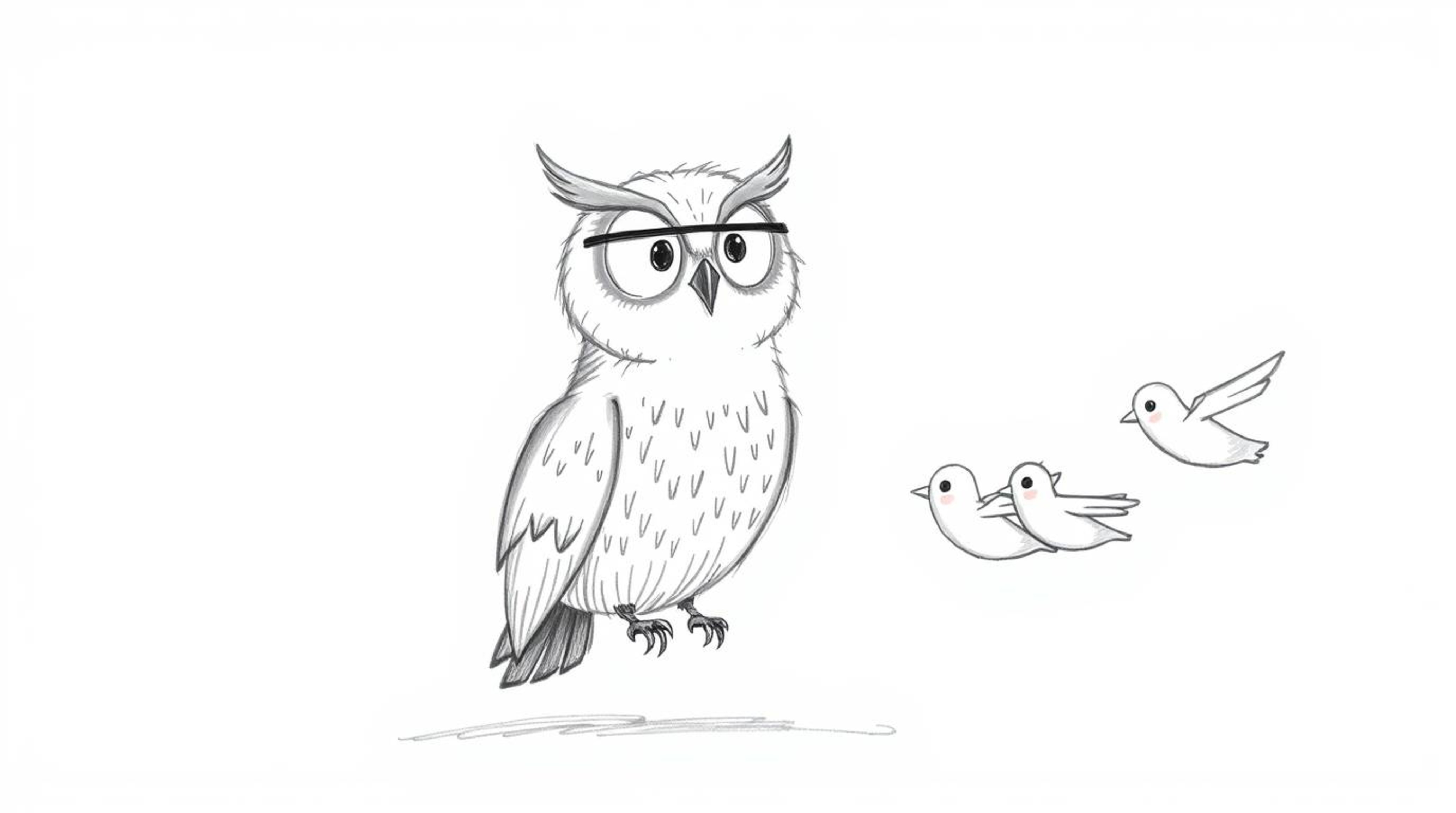 A charming, hand-drawn sketch in the style of Pixar depicts a blind owl, rendered with soft pencil strokes, teaching a divers