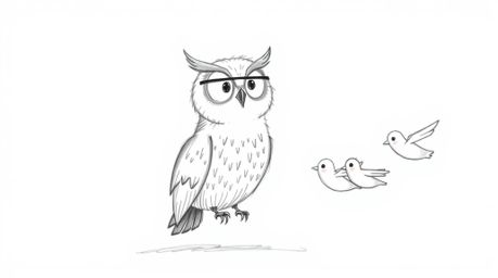 A charming, hand-drawn sketch in the style of Pixar depicts a blind owl, rendered with soft pencil strokes, teaching a divers