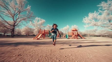 This high-resolution stock photo captures a dramatic slow-motion run through a playground, rendered in surreal infrared tones