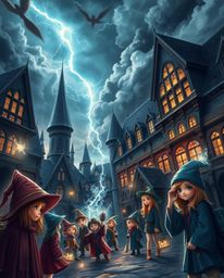 Explore a magical school brimming with young wizards, facing intense dramatic weather and stormy skies, creating an atmospher