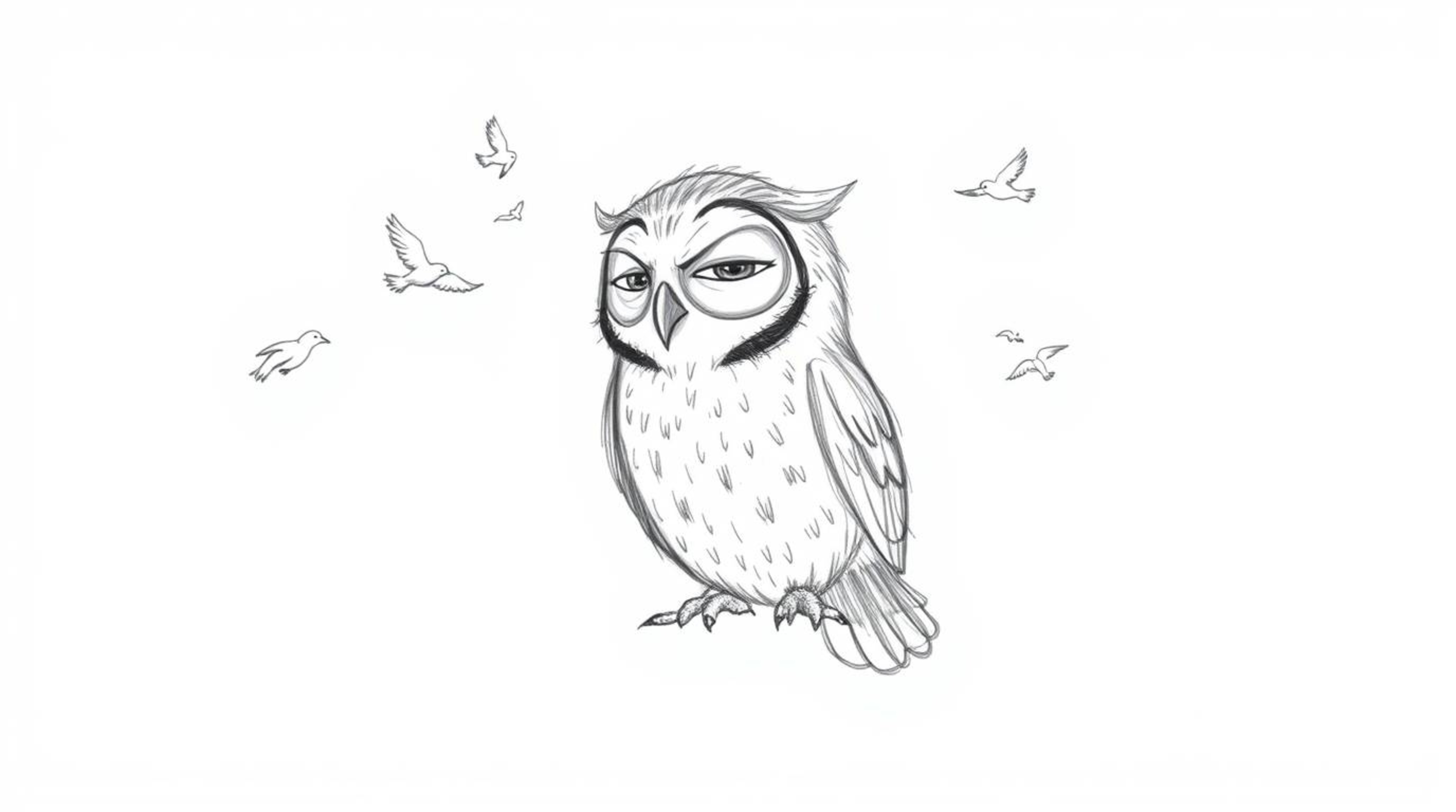 A captivating, Pixar-esque hand-drawn sketch depicts a blind owl with textured pencil strokes, uniquely teaching birds to fly