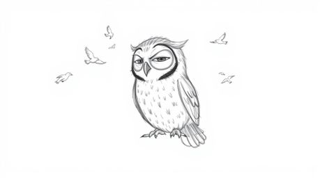 A captivating, Pixar-esque hand-drawn sketch depicts a blind owl with textured pencil strokes, uniquely teaching birds to fly