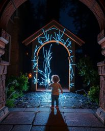 A captivating image showcasing precise architectural photography of creative light art. A child discovers a magical portal i
