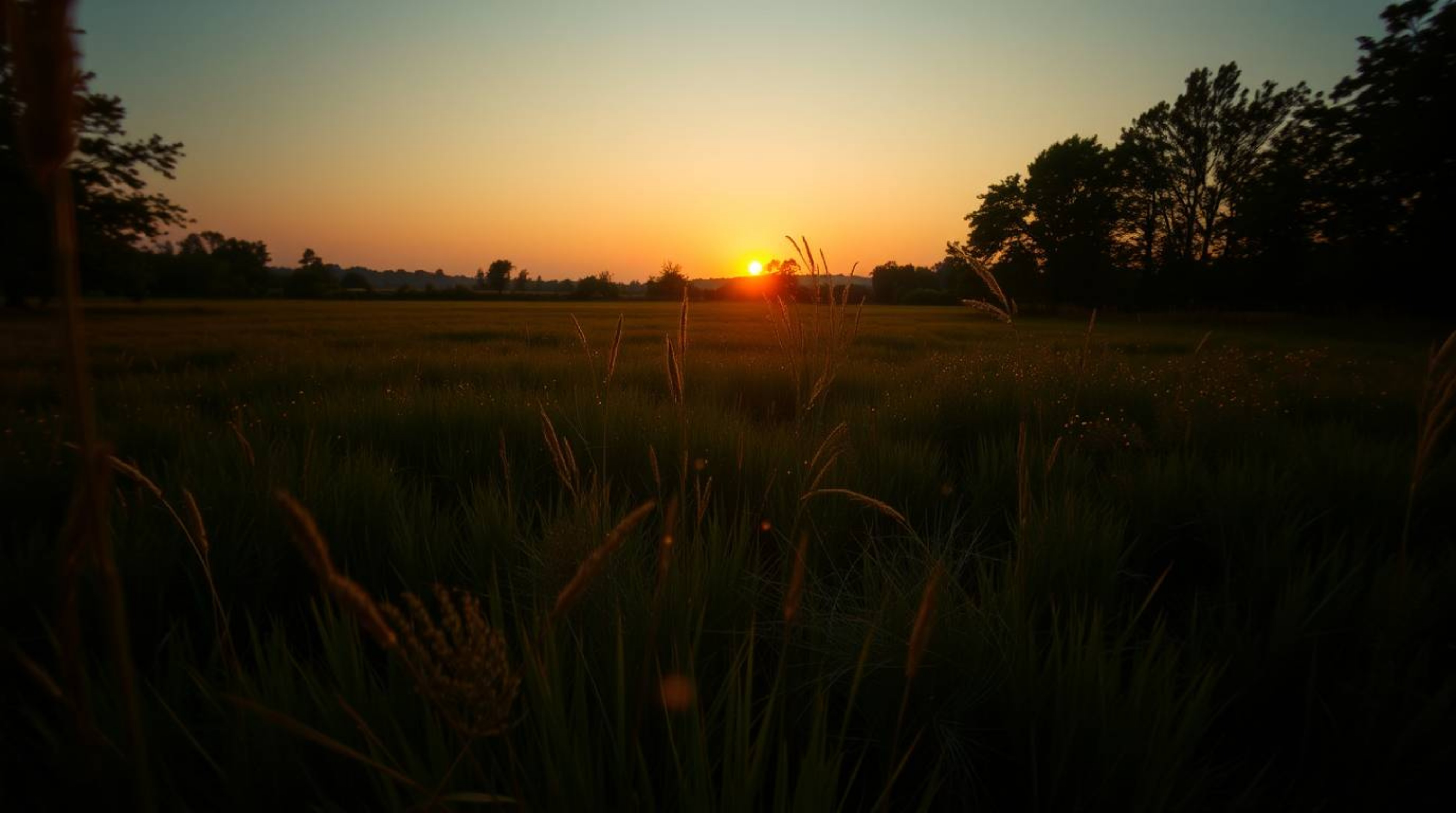 Capture the serene beauty of a sunset over a tranquil meadow, where fireflies begin to emerge as the golden hour bathes the s