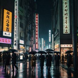 Experience the vibrant energy of a busy Tokyo street on a rainy night. Illuminated billboards cast a dazzling glow on the tow