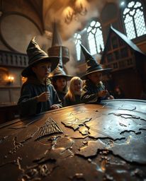 Discover a captivating world of young wizards attending a magical school, depicted with intense dramatic lighting and a strik