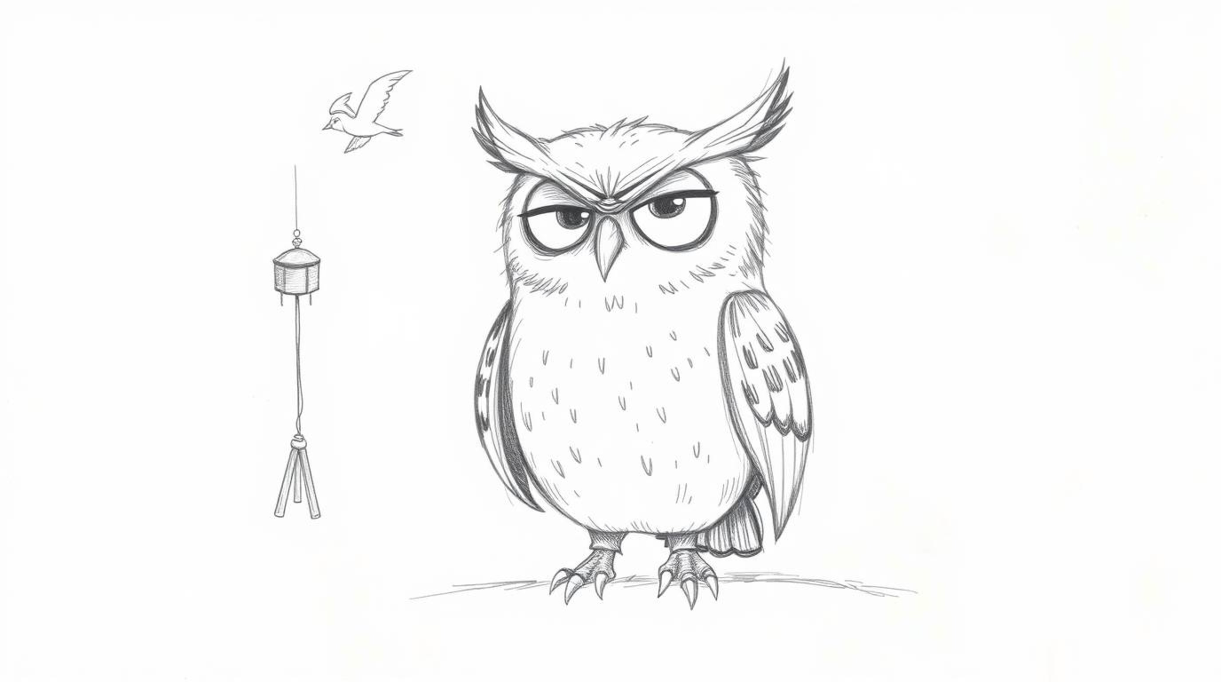 A whimsical hand-drawn sketch depicting a blind owl, rendered in a style reminiscent of Pixar animation, dedicated to teachin